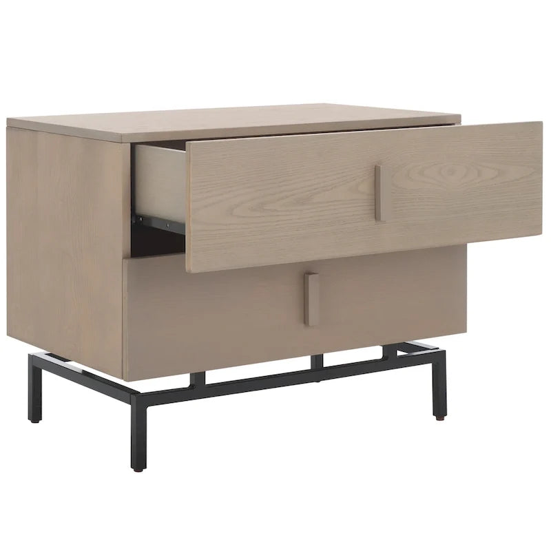 Comodino moderno in legno con 2 cassetti e gambe in metallo