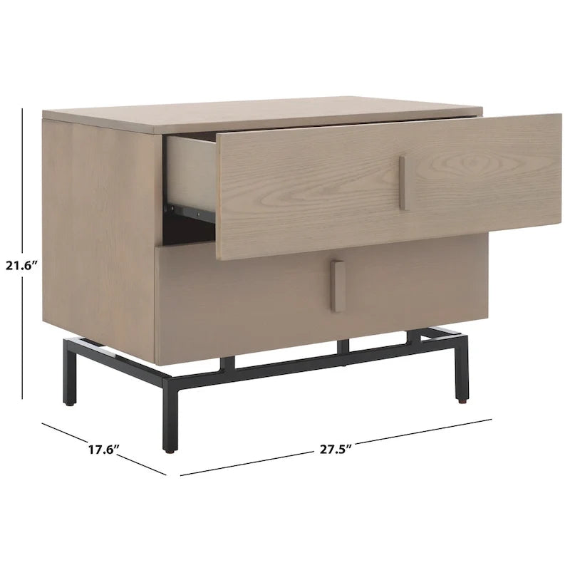 Comodino moderno in legno con 2 cassetti e gambe in metallo