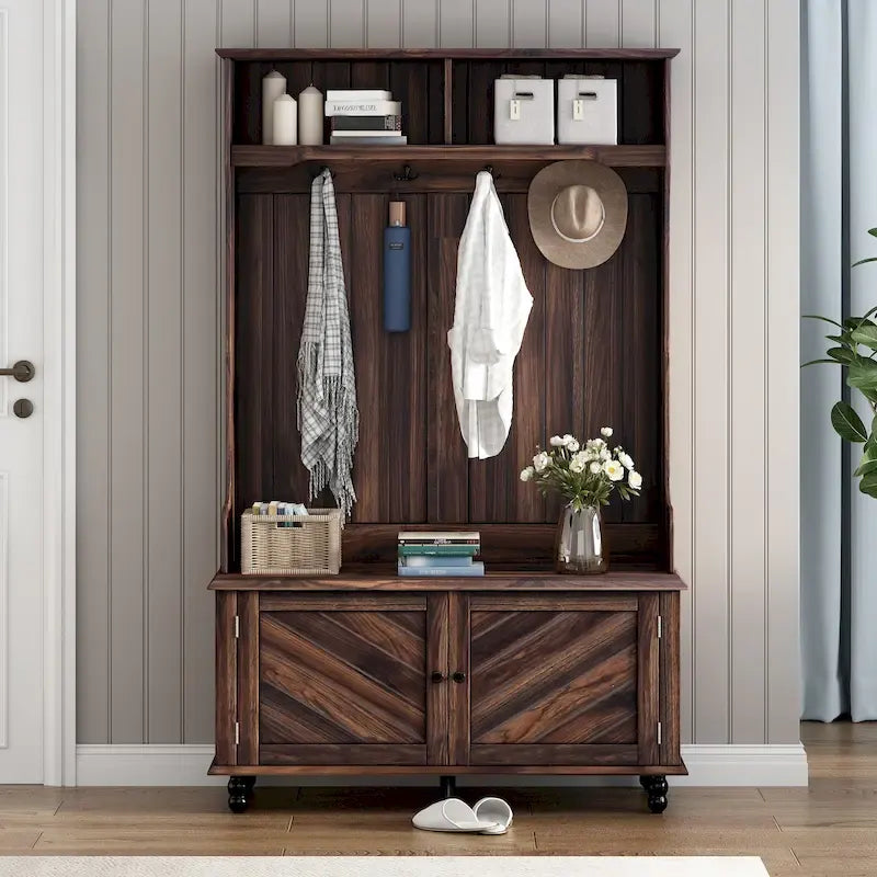 Modern Hall Tree, Entryway Bench with 2 Open Storage Shelves, 4 Metal Double Hooks