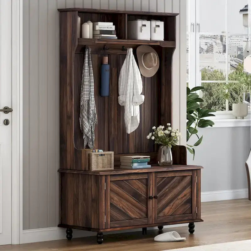 Modern Hall Tree, Entryway Bench with 2 Open Storage Shelves, 4 Metal Double Hooks