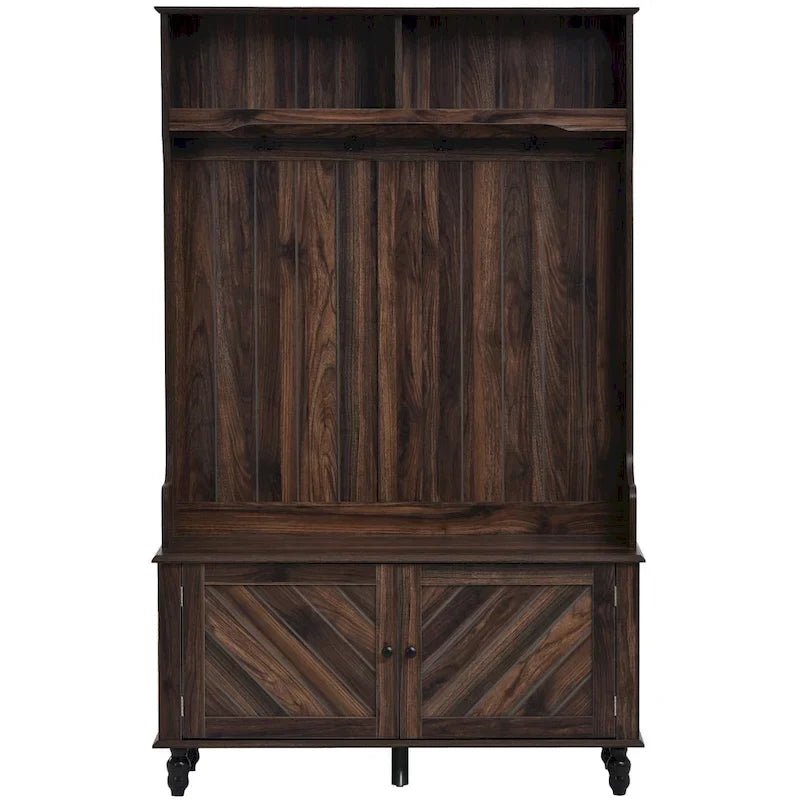 Modern Hall Tree, Entryway Bench with 2 Open Storage Shelves, 4 Metal Double Hooks