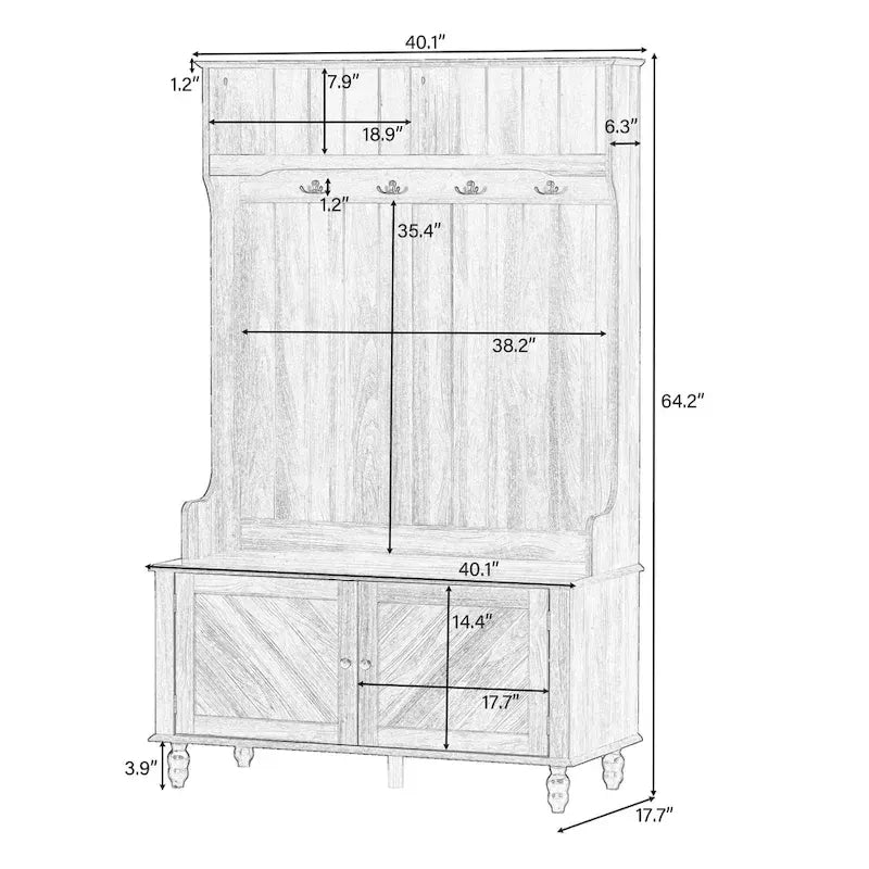 Modern Hall Tree, Entryway Bench with 2 Open Storage Shelves, 4 Metal Double Hooks