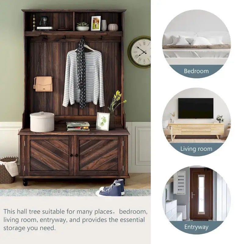 Modern Hall Tree, Entryway Bench with 2 Open Storage Shelves, 4 Metal Double Hooks