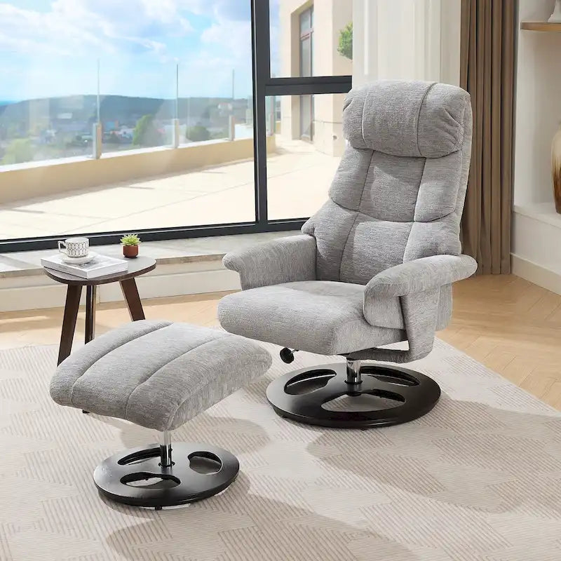 Heated Massage Armchair Chenille Fabric Seating Swivel Recliner Chair with Ottoman