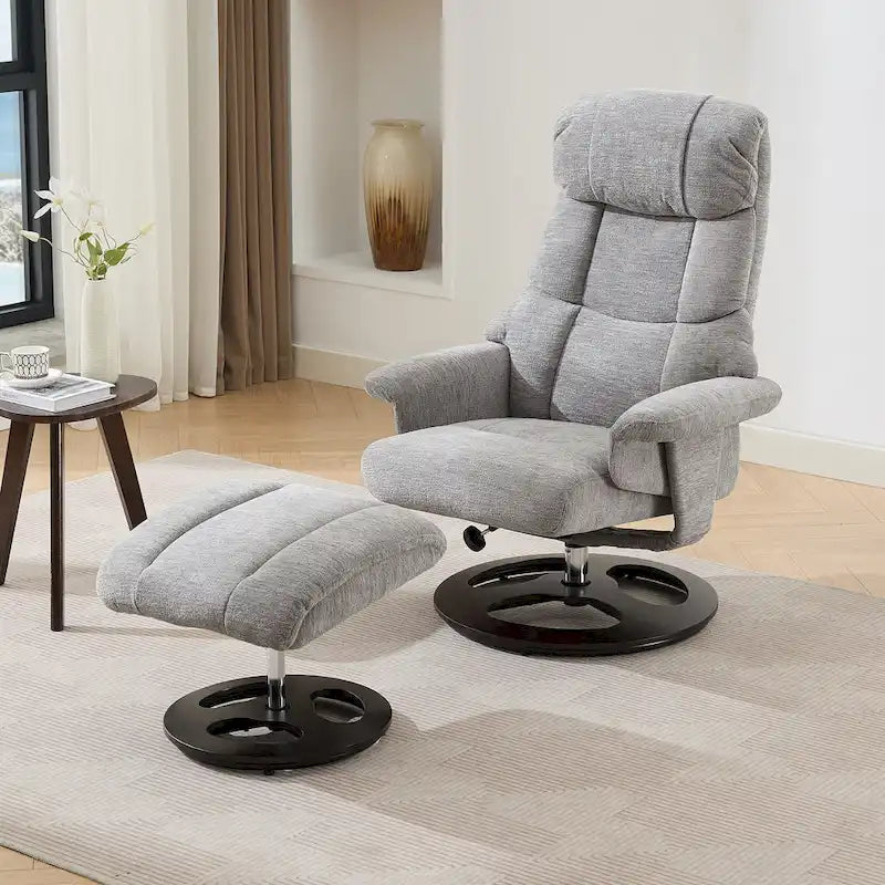 Heated Massage Armchair Chenille Fabric Seating Swivel Recliner Chair with Ottoman