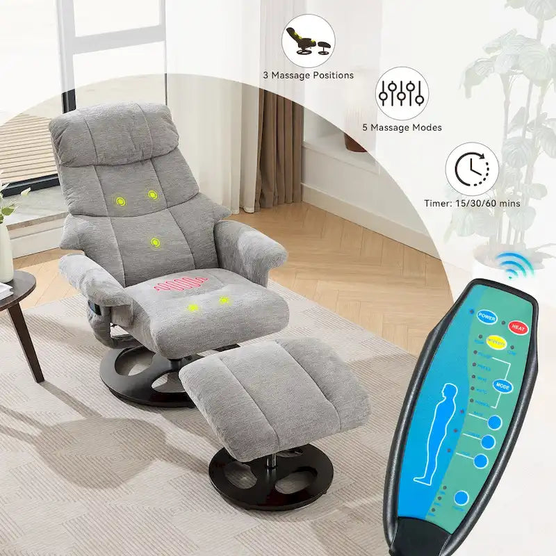Heated Massage Armchair Chenille Fabric Seating Swivel Recliner Chair with Ottoman