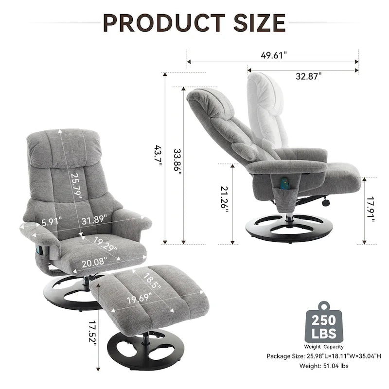 Heated Massage Armchair Chenille Fabric Seating Swivel Recliner Chair with Ottoman