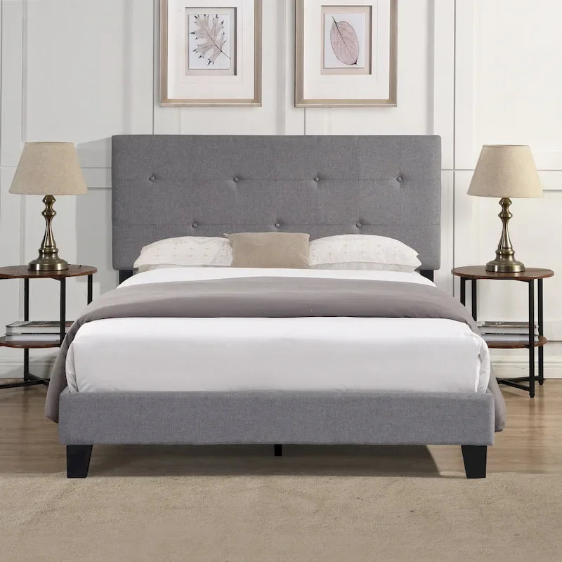 Letto a piattaforma matrimoniale in lino grigio con testiera capitonné a punti
