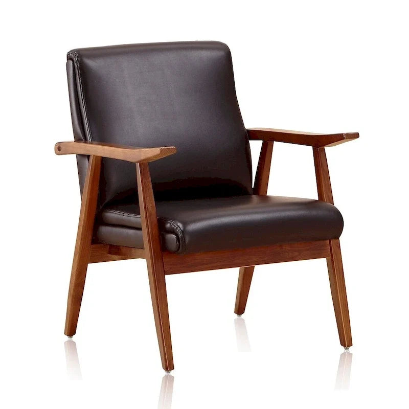 Fotel akcentowy w stylu mid-century z drewnianą ramą i sztuczną skórą