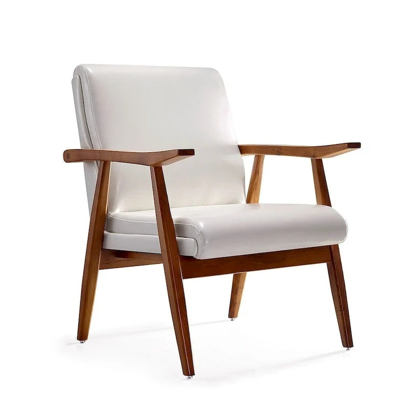 Fotel akcentowy w stylu mid-century z drewnianą ramą i sztuczną skórą