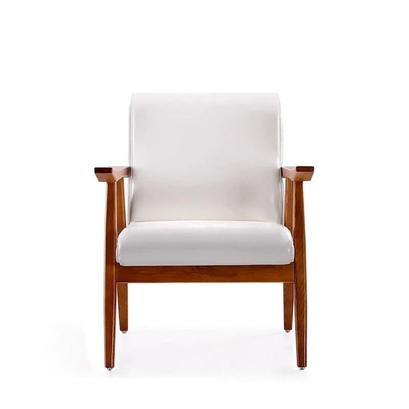 Fotel akcentowy w stylu mid-century z drewnianą ramą i sztuczną skórą