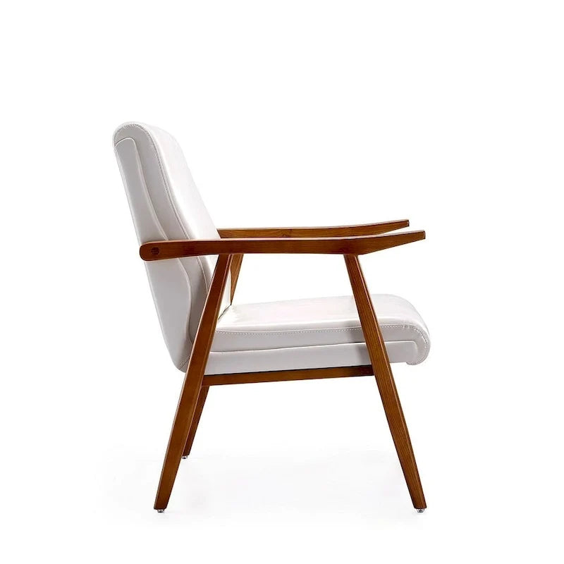 Fotel akcentowy w stylu mid-century z drewnianą ramą i sztuczną skórą