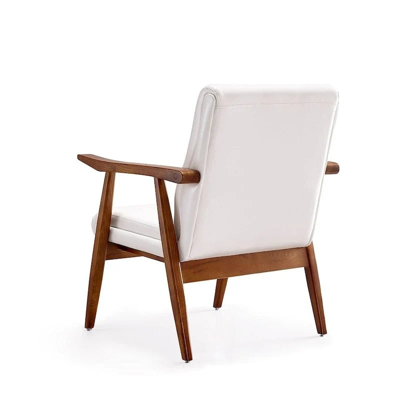 Fotel akcentowy w stylu mid-century z drewnianą ramą i sztuczną skórą