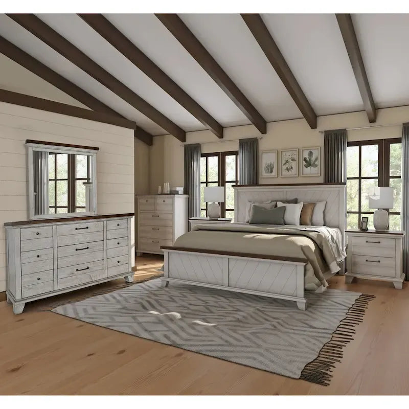 Rama łóżka platformowego z rustykalnego drewna w stylu farmhouse, dwukolorowy panel
