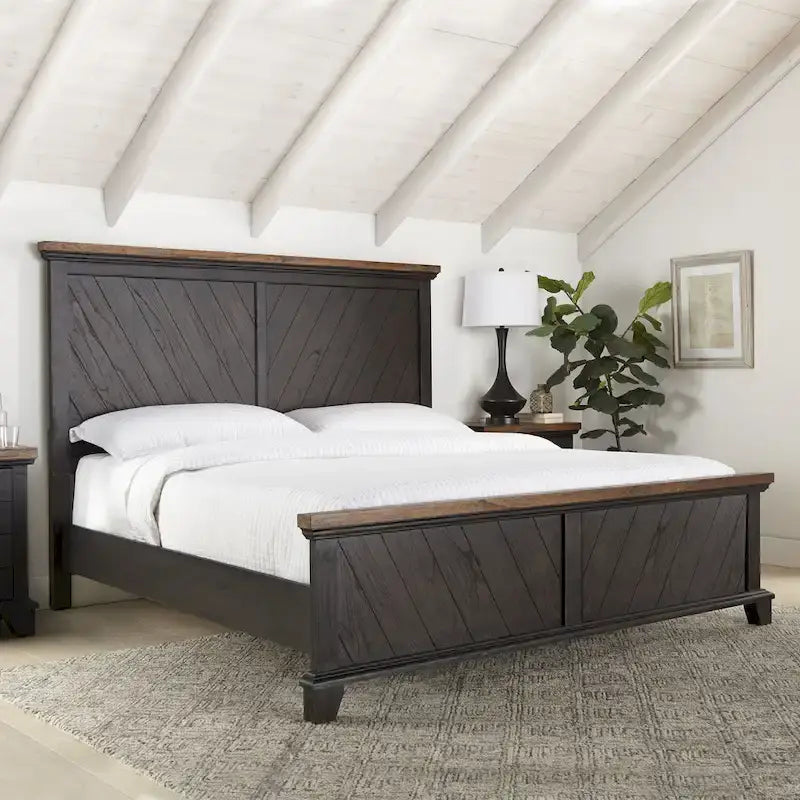 Rama łóżka platformowego z rustykalnego drewna w stylu farmhouse, dwukolorowy panel