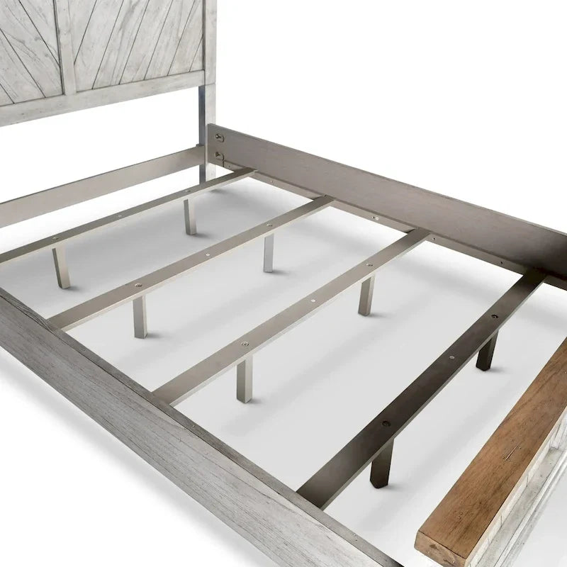 Rama łóżka platformowego z rustykalnego drewna w stylu farmhouse, dwukolorowy panel