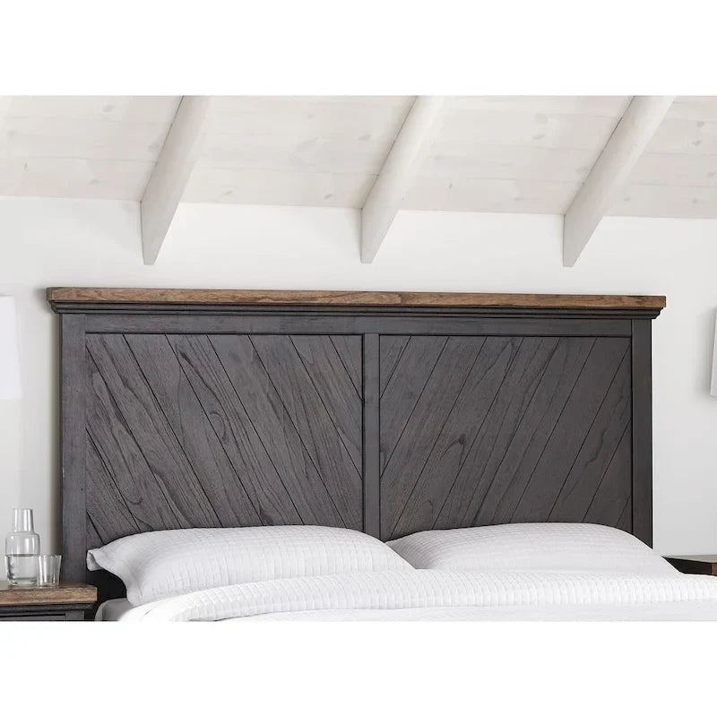 Rama łóżka platformowego z rustykalnego drewna w stylu farmhouse, dwukolorowy panel
