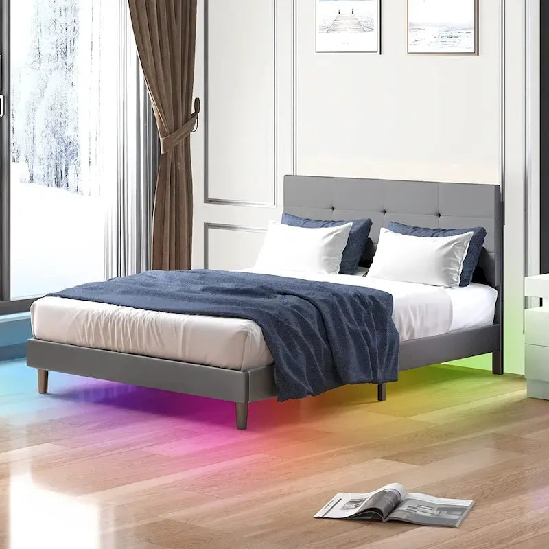 Bed Frame with Smart RGB LED Lights Button Tufted Headboard PVC Fabric
