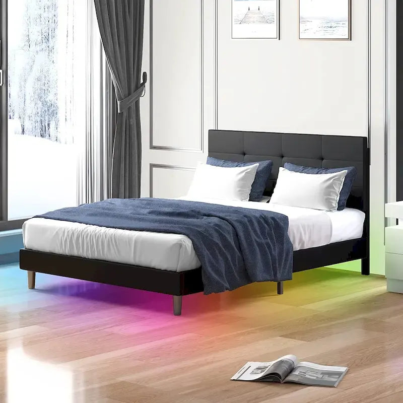 Bed Frame with Smart RGB LED Lights Button Tufted Headboard PVC Fabric