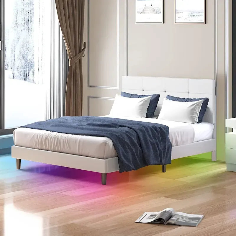 Bed Frame with Smart RGB LED Lights Button Tufted Headboard PVC Fabric