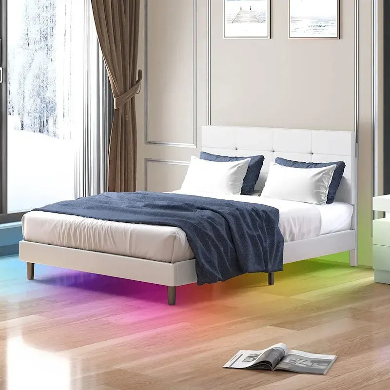 Bed Frame with Smart RGB LED Lights Button Tufted Headboard PVC Fabric