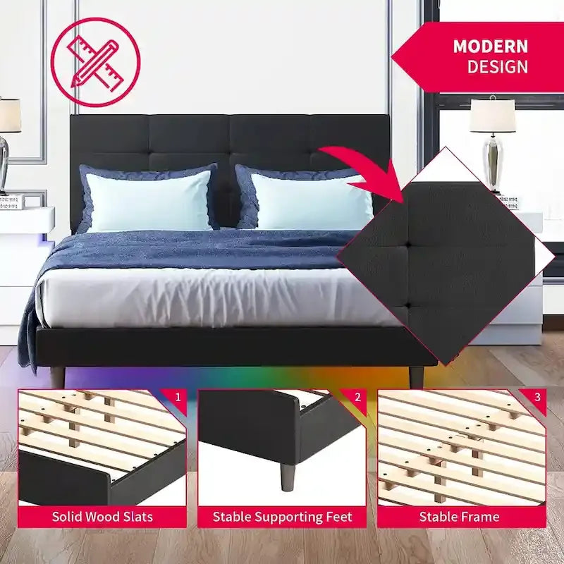 Bed Frame with Smart RGB LED Lights Button Tufted Headboard PVC Fabric