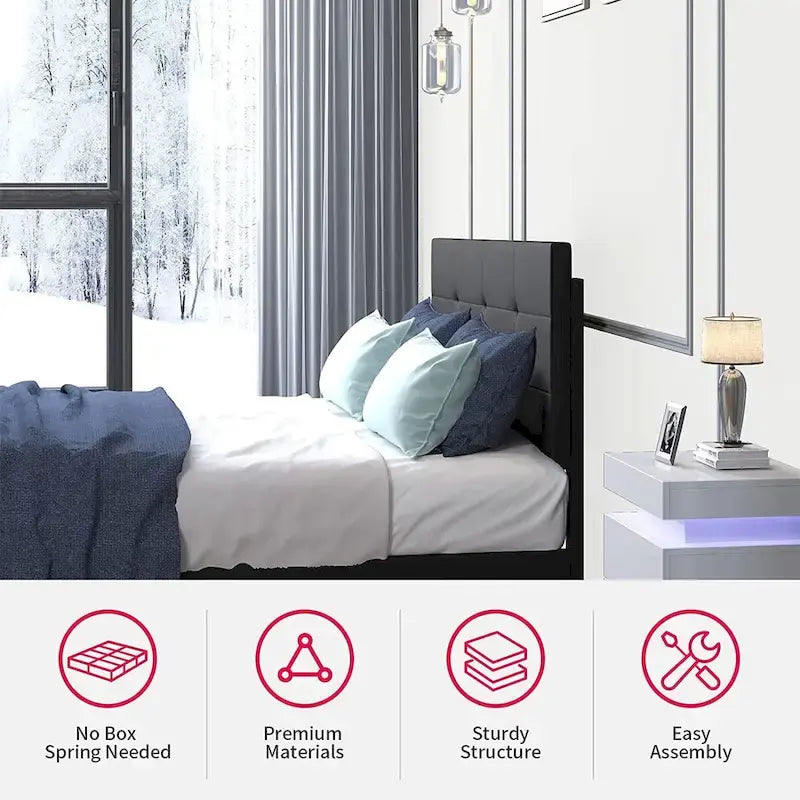 Bed Frame with Smart RGB LED Lights Button Tufted Headboard PVC Fabric