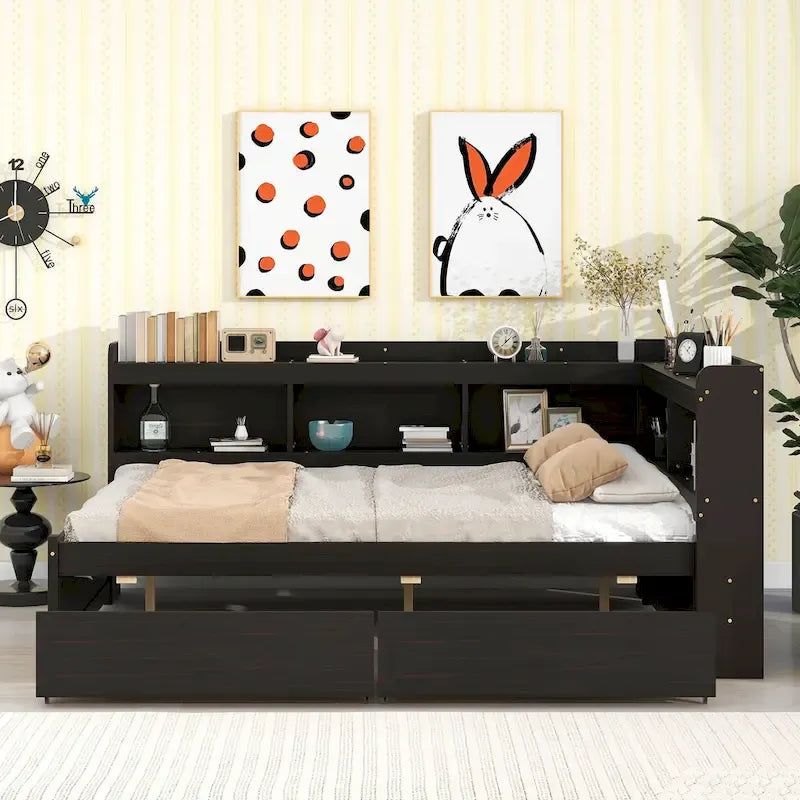 Full Bed with L-shaped Bookcases, Drawers, Espresso