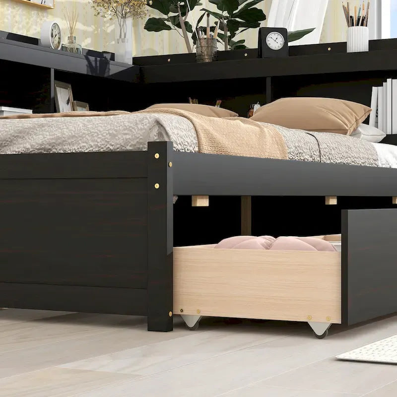 Full Bed with L-shaped Bookcases, Drawers, Espresso