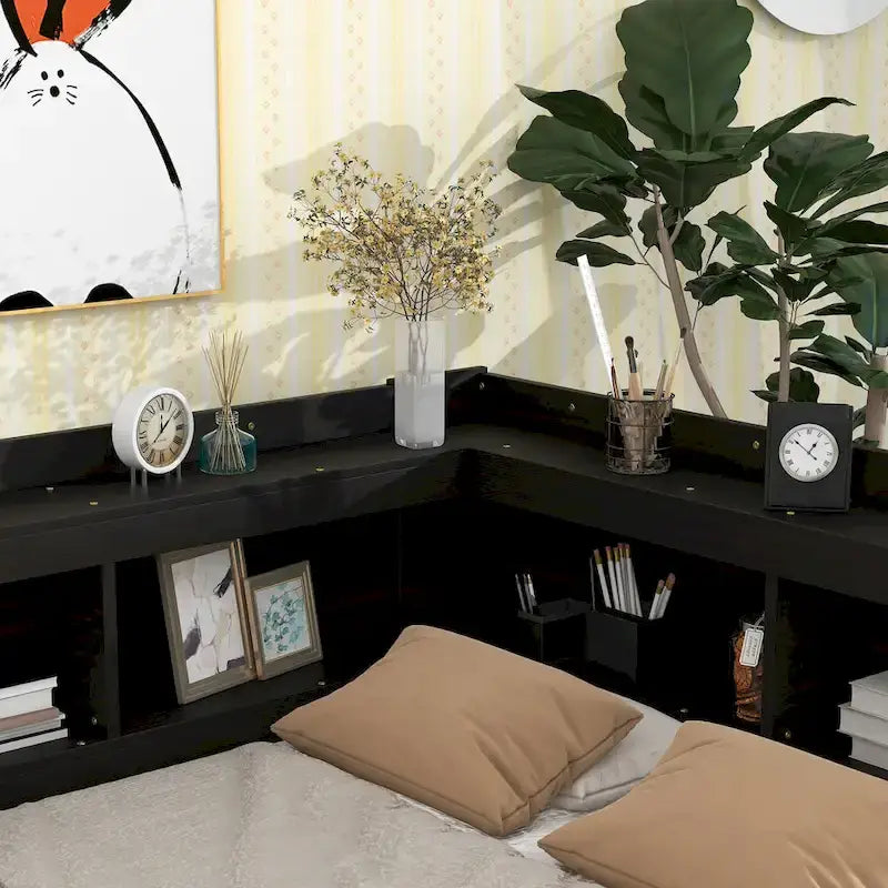 Full Bed with L-shaped Bookcases, Drawers, Espresso