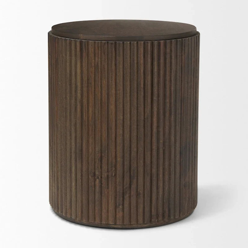 Dark Brown Solid Wood Fluted Round Side Table