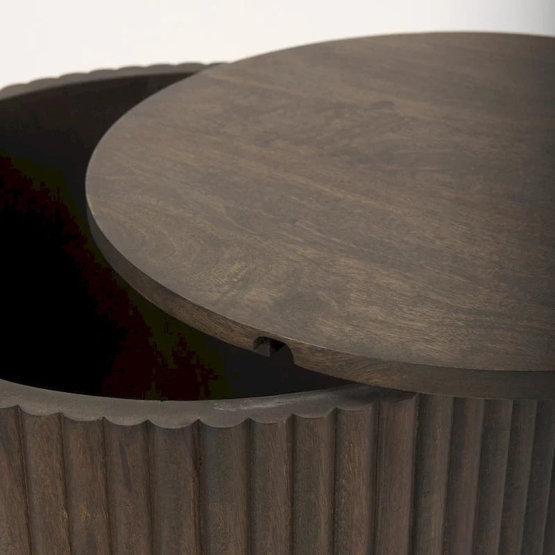 Dark Brown Solid Wood Fluted Round Side Table