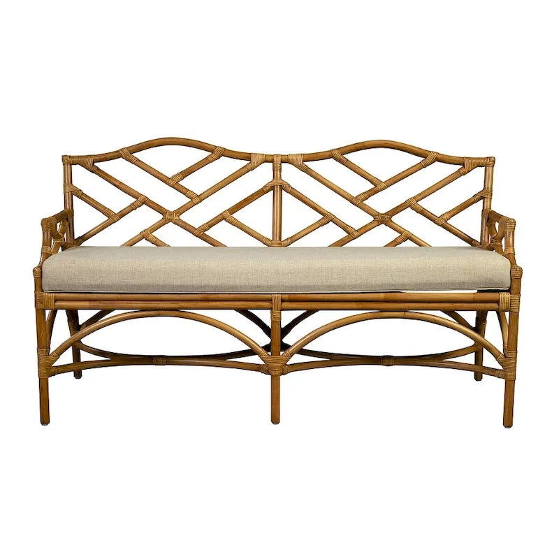Rattan 2-Seater Bench with Cushion Woven Cane Settee Sofa